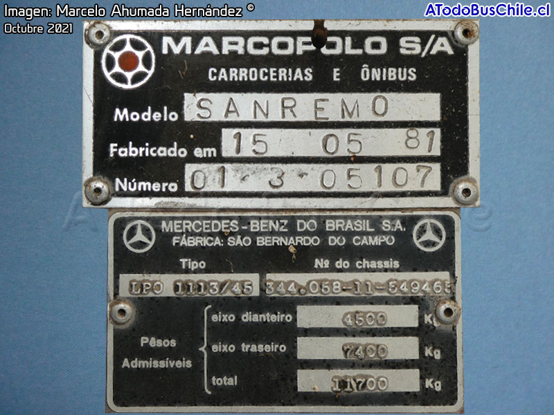 Placa de Fabricación | Marcopolo San Remo / Mercedes Benz LPO-1113