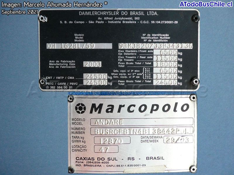 Placa de Fabricación | Marcopolo Andare Class 850 / Mercedes Benz OH-1628L