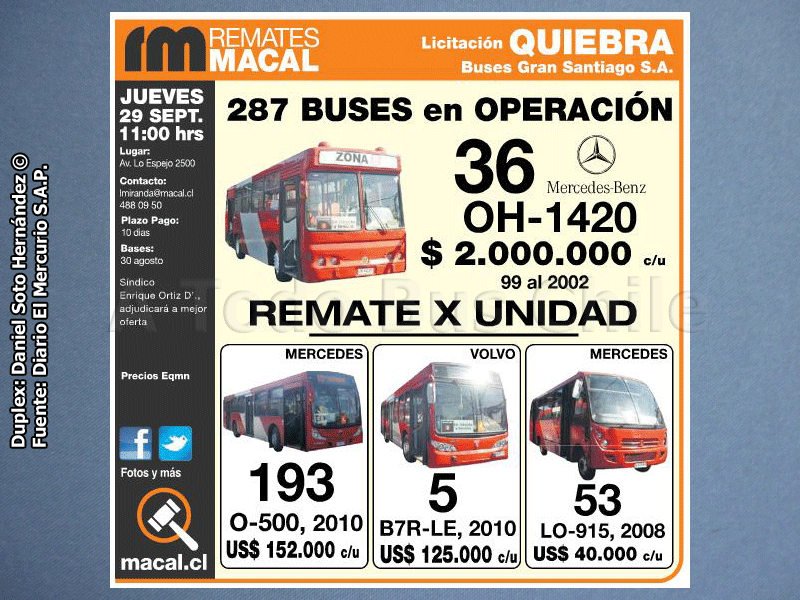 Aviso de Remate Unidades Buses Gran Santiago S.A.