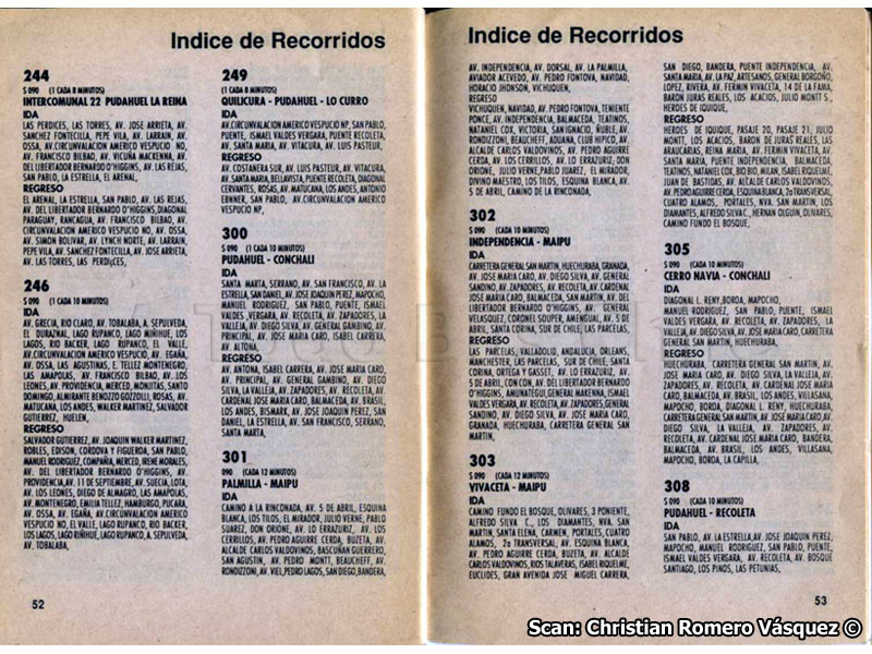 Páginas 52-53 Guía de Recorridos Licitados Concesión Céntrica de Santiago, 1992.