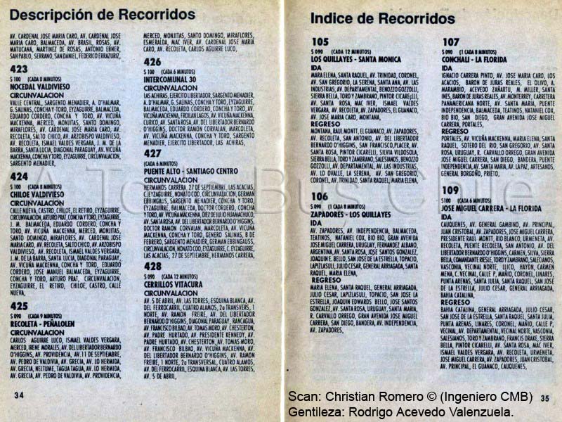 Páginas 34-35 Guía de Recorridos Licitados Concesión Céntrica de Santiago, 1992.