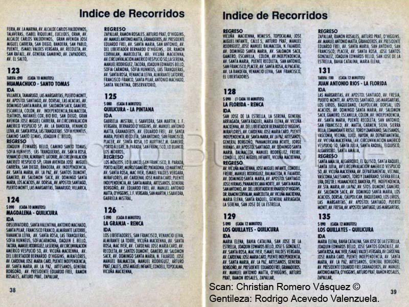 Páginas 38-39 Guía de Recorridos Licitados Concesión Céntrica de Santiago, 1992.