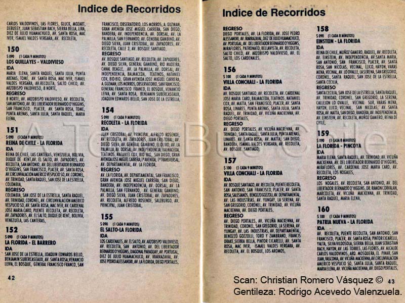 Páginas 42-43 Guía de Recorridos Licitados Concesión Céntrica 1992, Santiago.