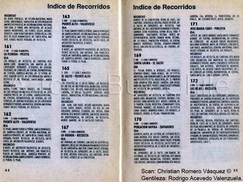 Páginas 44-45 Guía de Recorridos Licitados Concesión Céntrica de Santiago, 1992.