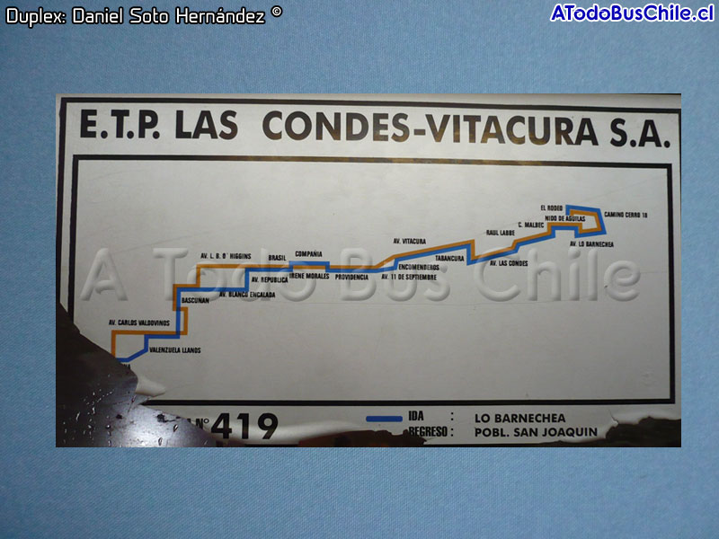 Mapa de Recorrido Nº 419 Población San Joaquín - Lo Barnechea (E.T.P. Las Condes - Vitacura S.A.)