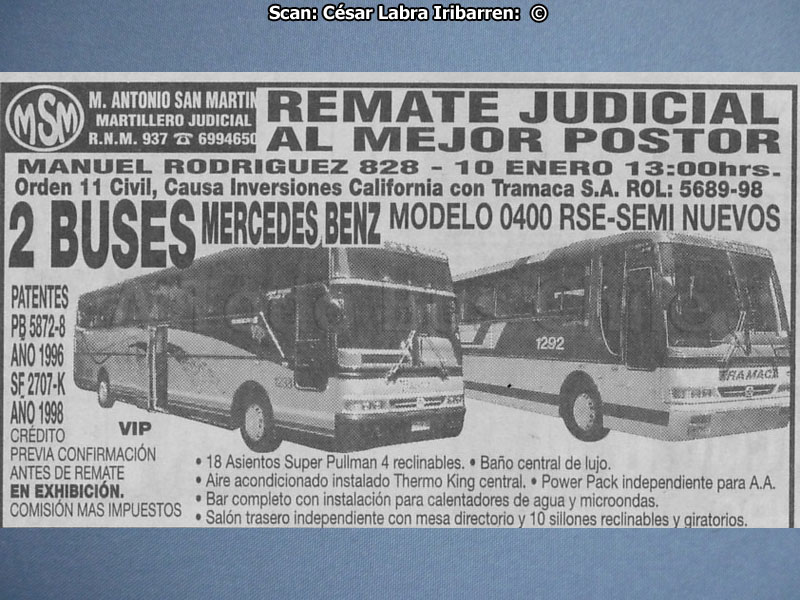 Aviso de Remate TRAMACA - Transportes Macaya & Cavour | Busscar Jum Buss 360T | El Buss 340 / Mercedes Benz O-400RSE