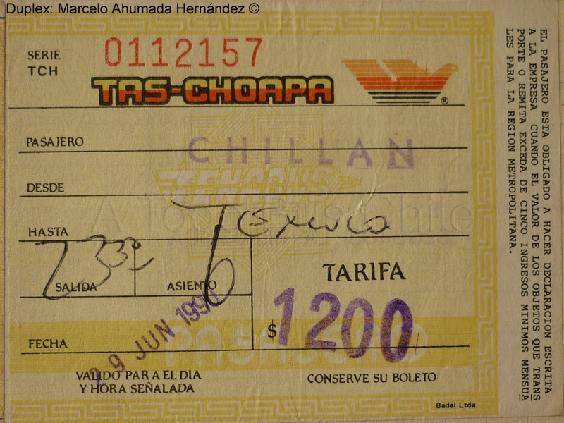 Boleto de oficina Tas Choapa (29-06-1990)