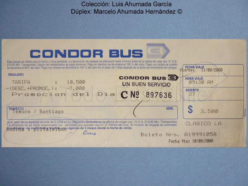 Boleto de oficina Cóndor Bus (11-08-2000)