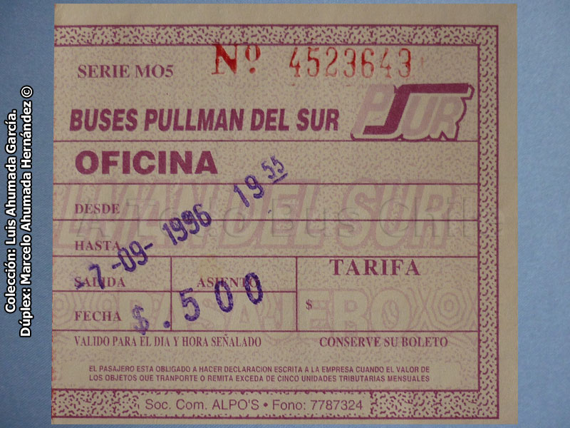 Boleto de oficina Pullman del Sur (07-09-1996)