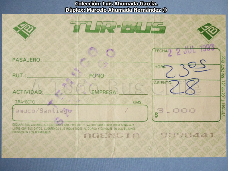 Boleto Servicio Clásico Tur Bus (22-07-1993)