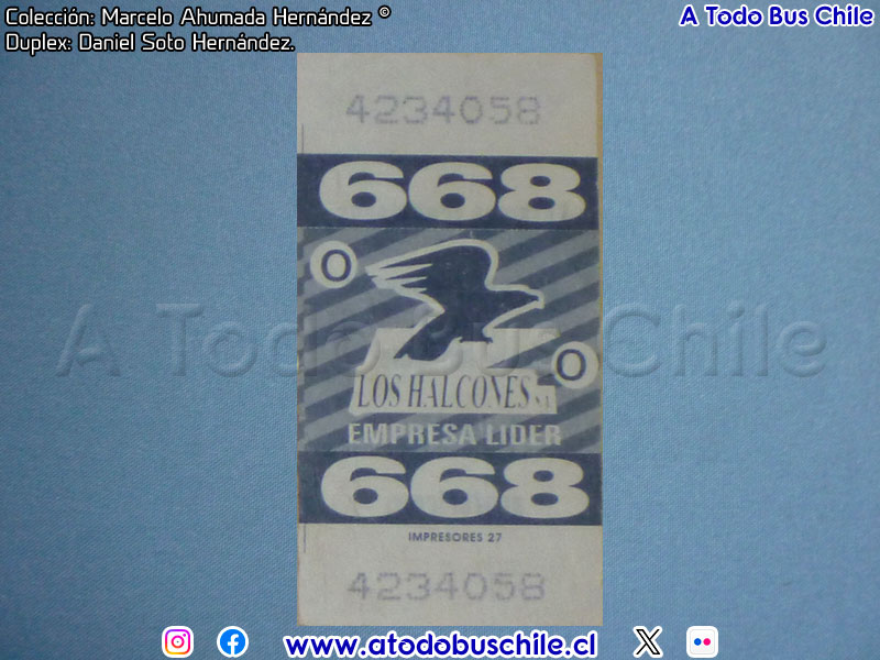 Boleto Adulto Línea N° 668 Maipú - Américo Vespucio (S.T. Los Halcones S.A.)