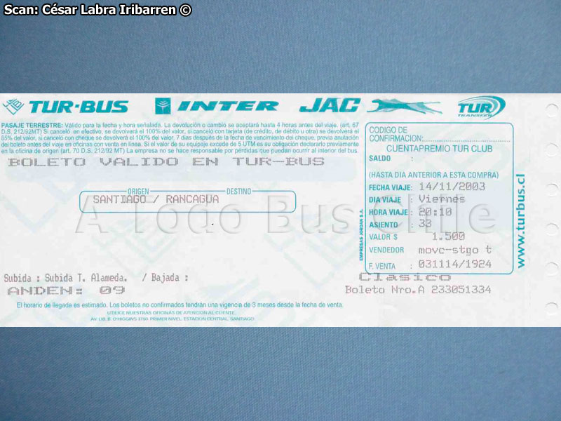 Boleto de Oficina Tur Bus Servicio Clásico Corto Santiago - Rancagua (2003)