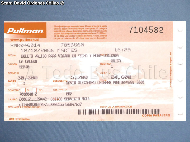 Boleto de Oficina Pullman Bus (12-12-2006)