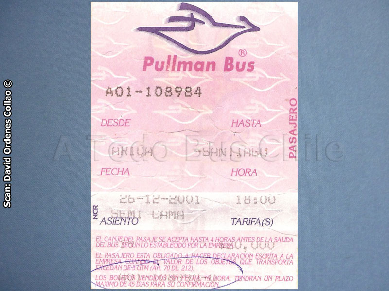 Boleto de Oficina Pullman Bus (26-12-2001)