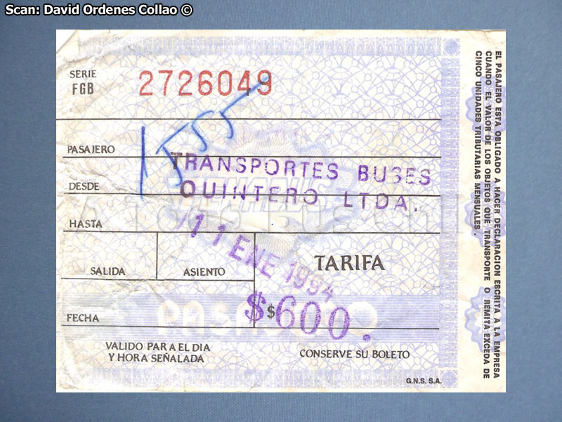 Boleto de Oficina Buses Quintero (1994)