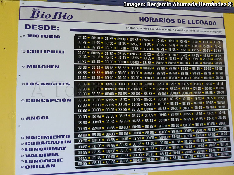 Tabla de Itinerarios Terminal de Buses Bio Bio Temuco