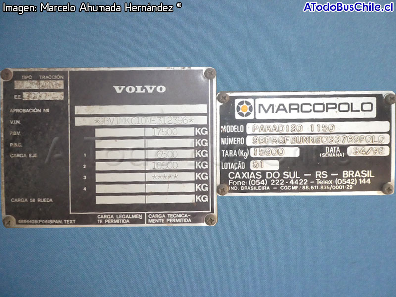 Placa de Fabricación | Marcopolo Paradiso 1150 / Volvo B-10M / Particular