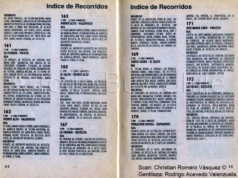 Páginas 44-45 Guía de Recorridos Licitados Concesión Céntrica de Santiago, 1992.