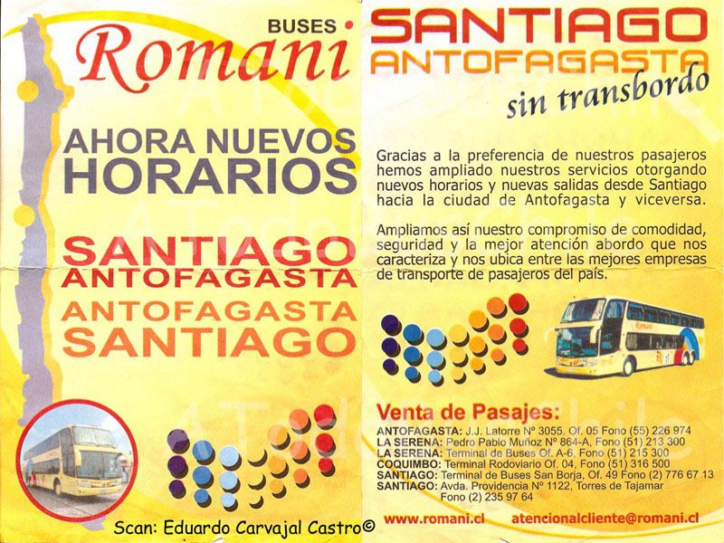 Volante publicitario Buses Romani (Servicio Santiago-Antofagasta)
