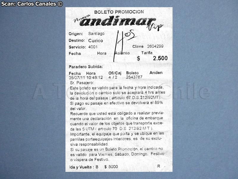 Boleto de Oficina Nueva Andimar Trayecto Santiago - Curicó