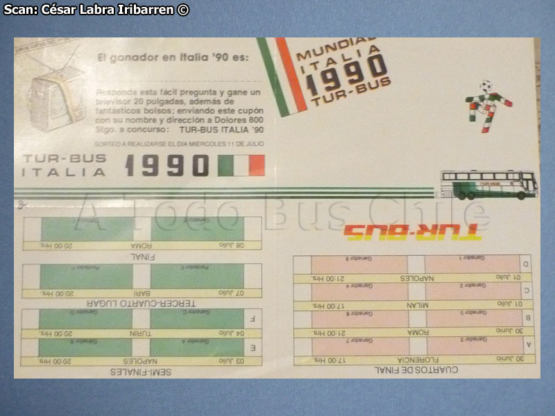 Cartilla Sorteo Tur Bus Mundial FIFA Italia 1990